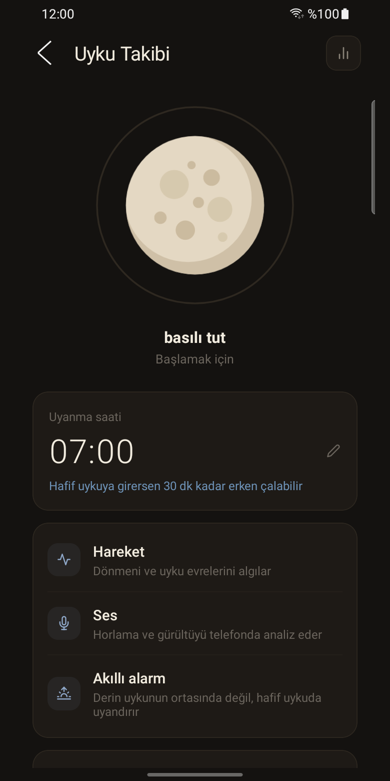 Uyku ekranı: gece takibi çalışırken görünen sade arayüz