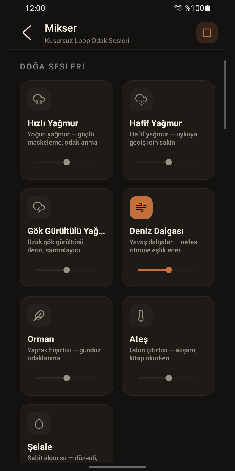 Ortam sesleri ekranı: doğa sesleri ve gürültü seçenekleri